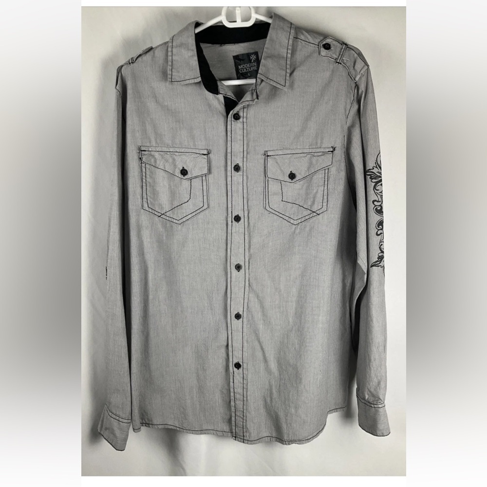 Modern Culture‎  Men’s Size LGray/Black Fleur Wings Button Up LS Shirt Slim Fit